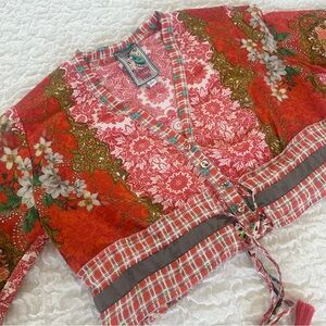 Johnny Was Patchwork Cropped Boho Tie Front Jacket XS Upcycled One of a Kind